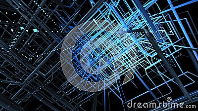 Blue grid against black background. 3 D illustration. Stock Photo