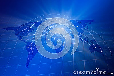 Blue grid with world map,binary code and digital connection communication Stock Photo