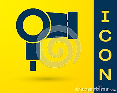 Blue Hair dryer icon isolated on yellow background. Hairdryer sign. Hair drying symbol. Blowing hot air. Vector Vector Illustration