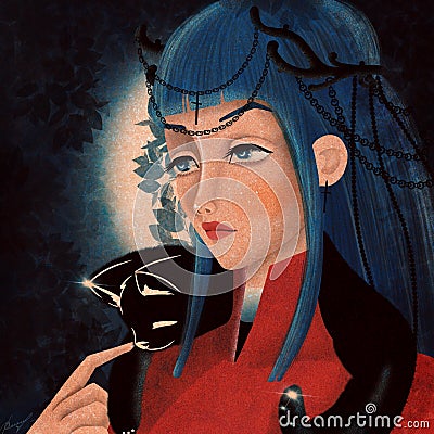 Blue haired witch with a black cat Stock Photo