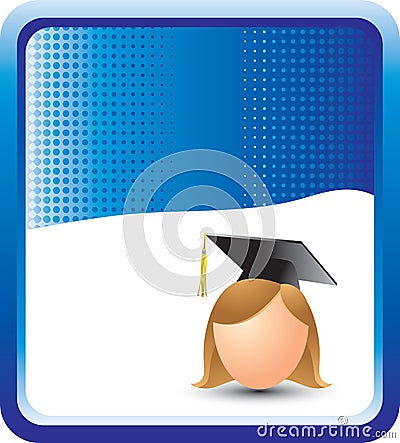 Blue halftone banner with cartoon graduate girl Vector Illustration