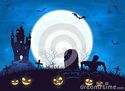 Blue Halloween Background with Castle and Pumpkins Vector Illustration