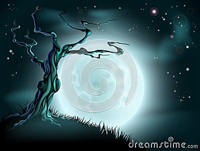 Blue Halloween Moon Tree Background Vector Illustration