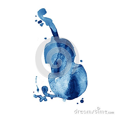 Blue hand drawn classical stringed music instrument. Watercolor contrabass. Stock Photo