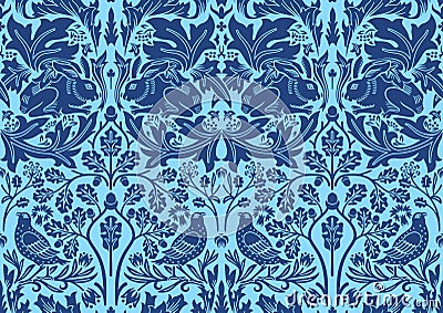 Blue hand drawn seamless pattern ornament with rabbit, bird and plants. Vector illustration. Vector Illustration