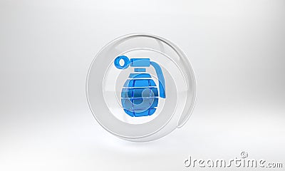 Blue Hand grenade icon isolated on grey background. Bomb explosion. Glass circle button. 3D render illustration Cartoon Illustration