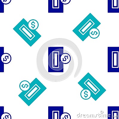 Blue Hand inserting coin to a slot on a vending machine or arcade machine icon isolated seamless pattern on white Vector Illustration