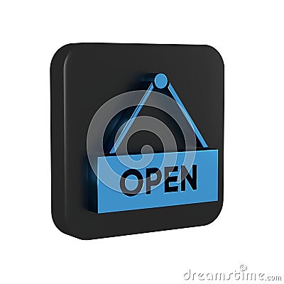 Blue Hanging sign with text Open door icon isolated on transparent background. Black square button. Stock Photo