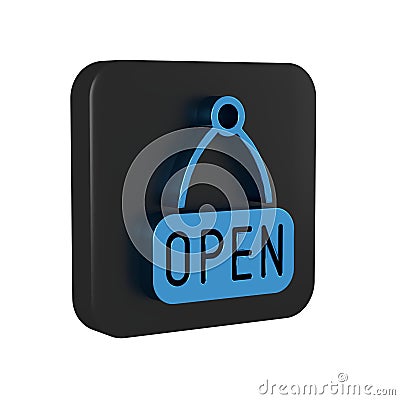 Blue Hanging sign with text Open door icon isolated on transparent background. Black square button. Stock Photo