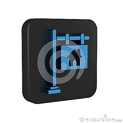 Blue Hanging sign with text Sale icon isolated on transparent background. Signboard with text Sale. Black square button. Stock Photo