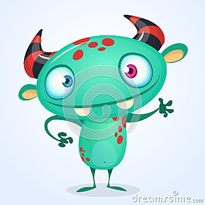 Blue happy cartoon monster. Blue vector alien character. Halloween design. Vector Illustration