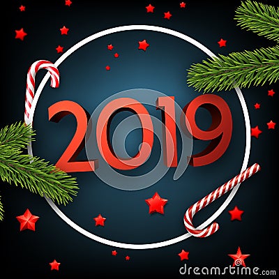 Blue 2019 happy New Year card with fir and candy. Vector Illustration