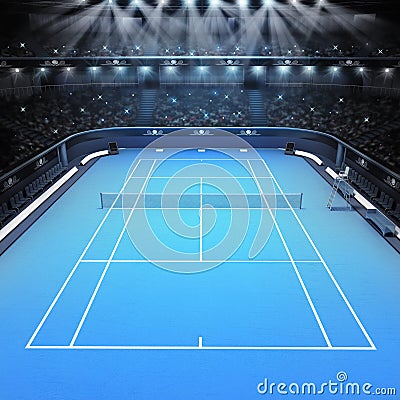 Blue hard surface tennis court and stadium full of spectators with spotlights Cartoon Illustration