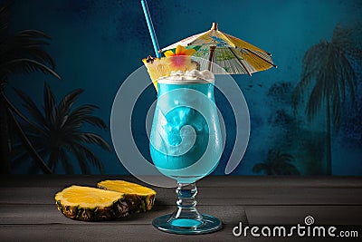 Blue Hawaiian cocktail made with blue curacao, pineapple juice, cream of coconut and white rum Stock Photo