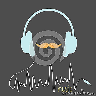 Blue headphones with cord. Orange moustaches Music card. Flat design Vector Illustration