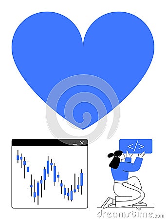 Blue heart icon with stock market chart and female coder holding coding board Vector Illustration