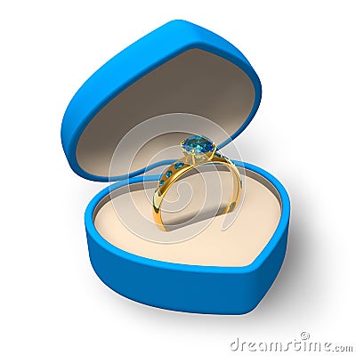 Blue heart-shape box with golden ring with jewels Stock Photo