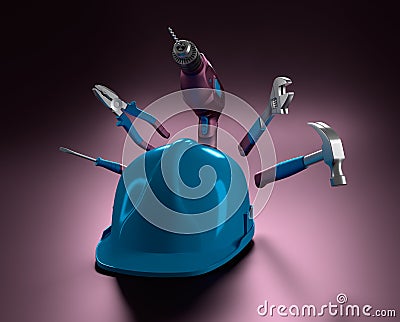 Blue helmet with a drill, hammer, pliers and construction tools Stock Photo