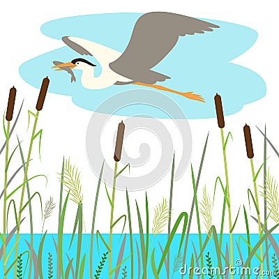 blue heron flying , vector illustration , flat style Vector Illustration