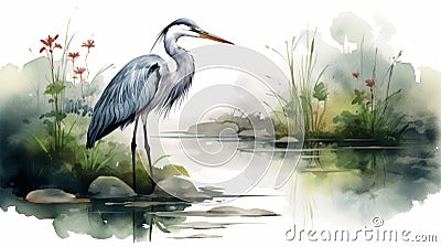 Lush Watercolor Heron Illustration With Peaceful And Calm Feeling Cartoon Illustration