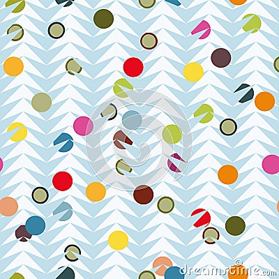 Blue herringbone pattern with colourful dots. Vector Illustration