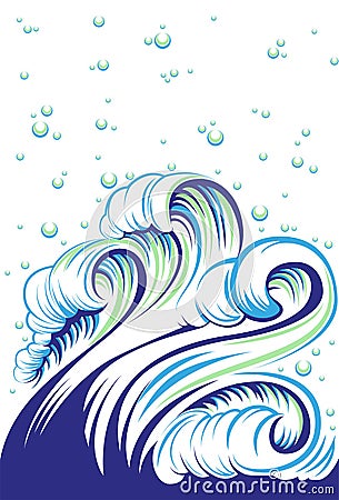 Blue high sea wave with bubbles Vector Illustration