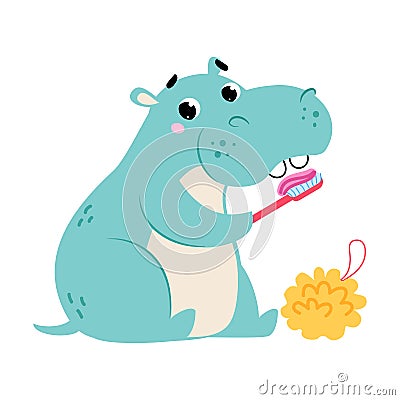 Blue Hippo Character Brushing Teeth with Toothbrush as Hygiene Vector Illustration Stock Photo