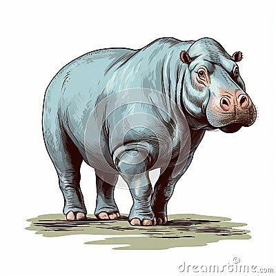Blue Hippopotamus Illustration In Harsh Realism Style Cartoon Illustration