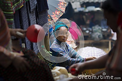 Blue Hmong Woman at Bac Ha Market. Blue H`mong ethnic minority group from Sapa, Lao Cai Editorial Stock Photo