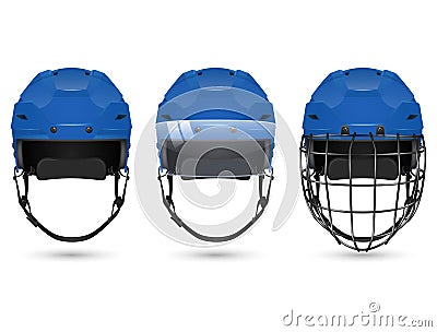 Blue hockey helmet in three varieties Vector Illustration