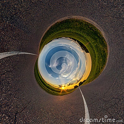 blue hole sphere little planet inside aspalt surface round frame background Stock Photo