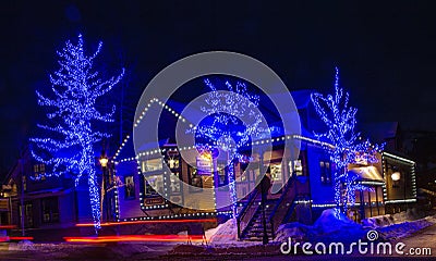 Blue Holiday Lights in Downtown Breckenridge Colorado in Wintertime Editorial Stock Photo