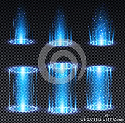 Blue hologram portal. Magic fantasy portal. Magic circle teleport podium with hologram effect. Vector blue glow rays Vector Illustration