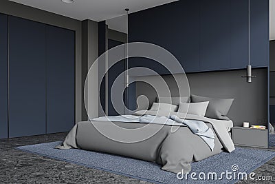 Blue home bedroom interior with bed and closed wardrobe, nightstand Stock Photo