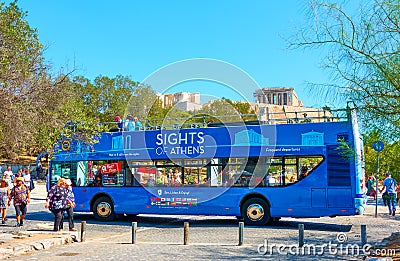 Blue Hop On Hop Off Bus near Acropolis Editorial Stock Photo