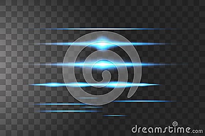 Blue horizontal lens flares pack. Laser beams, horizontal light rays.Beautiful light flares. Glowing streaks on dark Vector Illustration