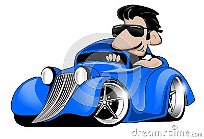 Blue Hot Rod with Man Cartoon Illustration Stock Photo