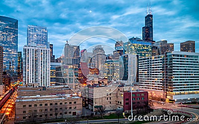 Blue Hour Evening Cityscape in Chicago West Loop, USA. Long exposure, Nightscape architecture Stock Photo