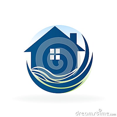 Blue house and beach waves real estate business id card icon image logo vector Stock Photo