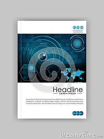 Blue A4 HUD Business Book Cover Design Template. Good for Portfolio, Brochure, Annual Report, Flyer, Magazine, Academic Journal. Vector Illustration