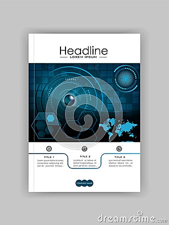 Blue A4 HUD Business Book Cover Design Template. Good for Portfolio, Brochure, Annual Report, Flyer, Magazine, Academic Journal. Vector Illustration