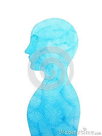 Blue human head free and relax mind, abstract watercolor painting Cartoon Illustration