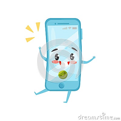 Blue humanized mobile phone with incoming call. Ringing smartphone. Cartoon character with happy face. Flat vector icon Vector Illustration