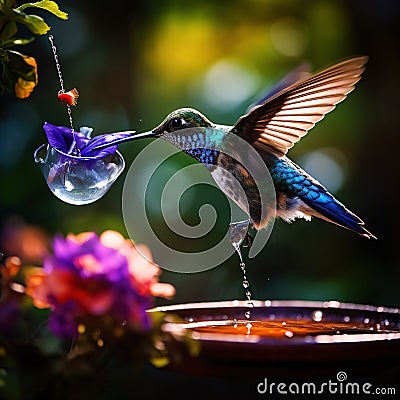 Blue Humming Bird about to feed Cartoon Illustration