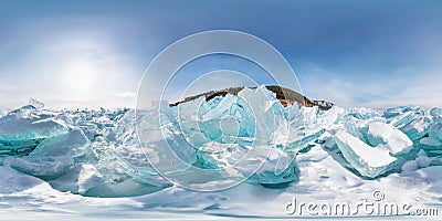 Blue hummocks of winter Lake Baikal in the afternoon under a blue sky. Spherical panorama 360vr Stock Photo