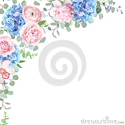 Blue hydrangea, orchid, pink rose, ranunculus, eucalyptus and gr Vector Illustration