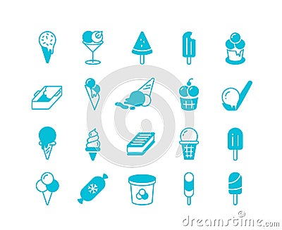 Blue ice cream icons. Simple flat set of frozen balls of yoghurt parfait sorbet. Vector cold summer desserts in cones Vector Illustration