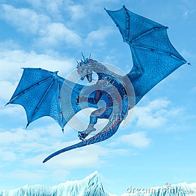 Blue ice dragon ready to attack on frozen land Cartoon Illustration