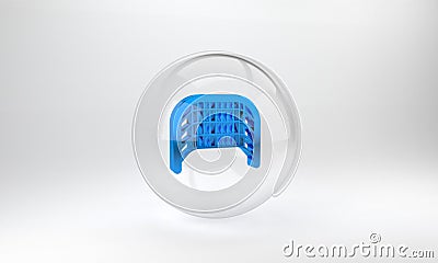 Blue Ice hockey goal with net for goalkeeper icon isolated on grey background. Glass circle button. 3D render Cartoon Illustration