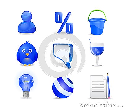 Blue icon set - user, percent, bucket, bird, chat Vector Illustration